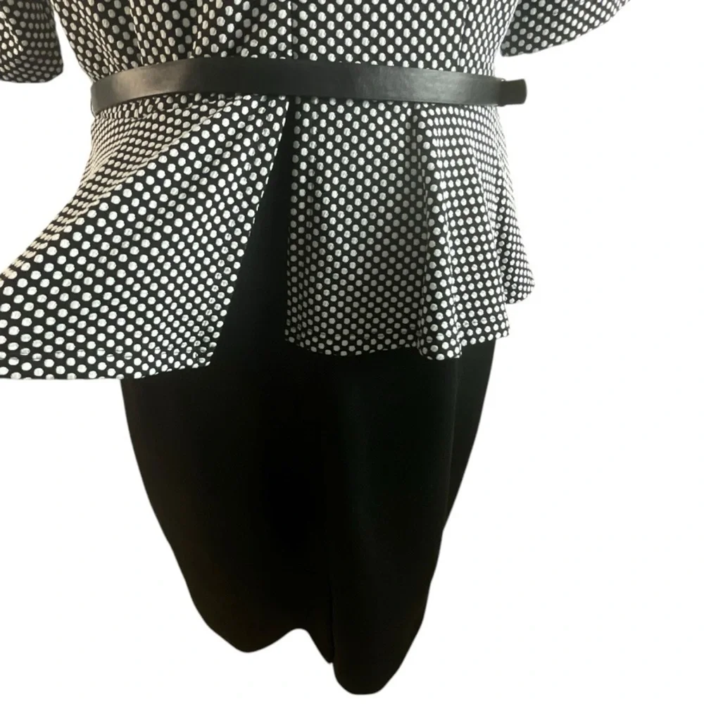 Connected Black and White Polka‎ Dot Belted Zip Back Peplum Dress